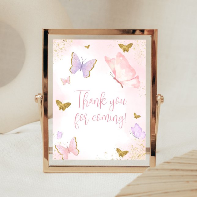 Affiche Merci de printemps rose papillon d'or pour les pro (Purple Gold Butterfly Baby Shower Thank You for Coming Sign)