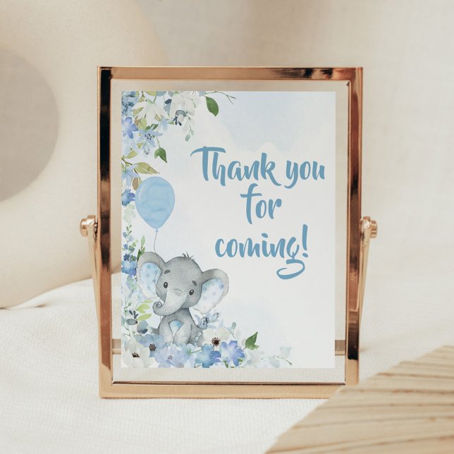 Affiche Merci d'éléphant bleu petit arachide pour venir (Blue Elephant Little Peanut Baby Shower Thank you for Coming Sign)