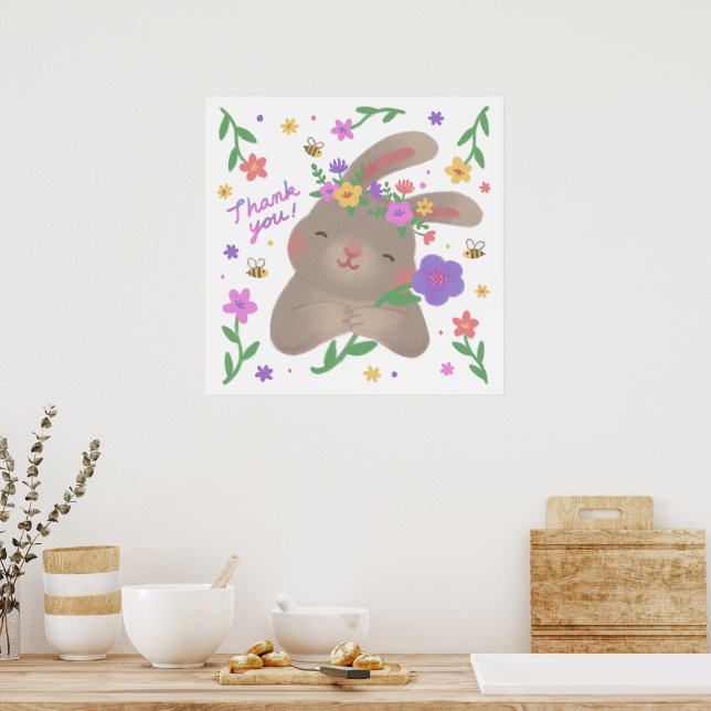 Affiche Merci : Lapin avec des fleurs (Cuisine)