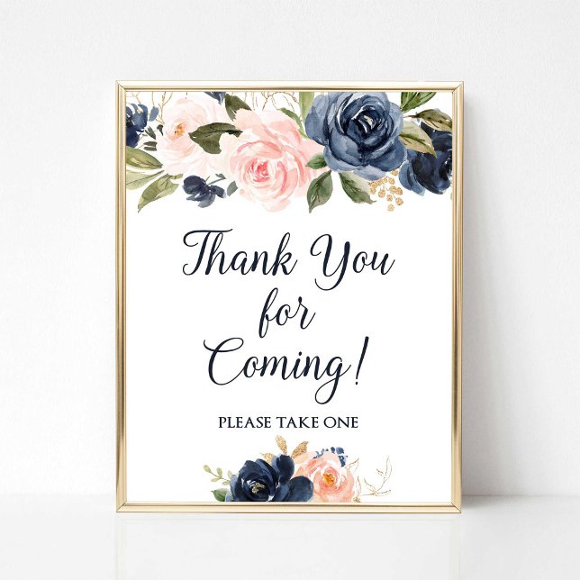 Affiche Merci Pour Venir Faveur Sign Navy & Blush (Thank You For Coming Please Take One Favor Sign, Navy & Blush Floral)