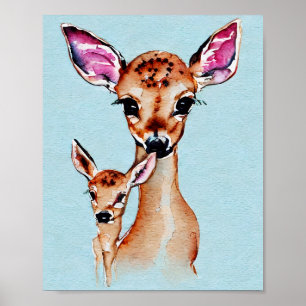 Affiche Mère Et Bébé Cerf Aquarelle Amour Famille