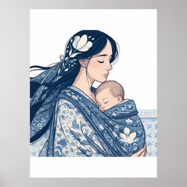 Affiche Mère et Bébé – Étreinte Florale Bleue Art (Devant)