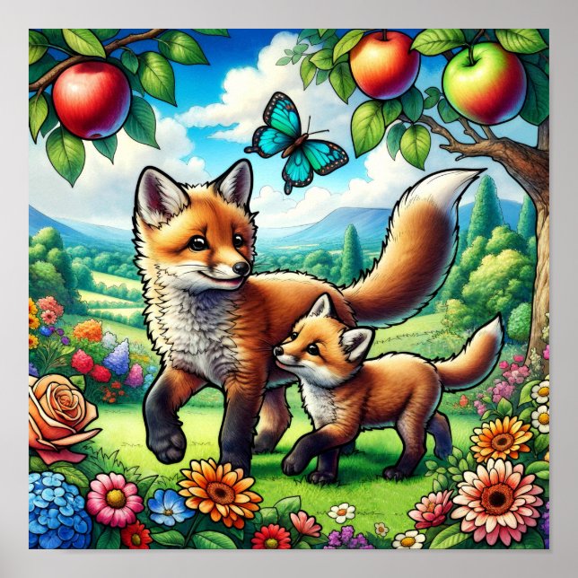 Affiche Mère et bébé renard mignons dans un jardin de fleu (Devant)