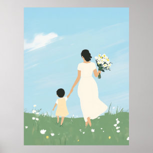 Affiche Mère et enfant dans une prairie en fleurs