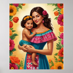 Affiche Mère et enfant en robe traditionnelle mexicaine