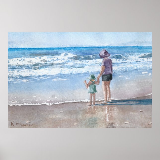 Affiche Mère et enfant Vagues de bord de mer Aquarelle (Devant)
