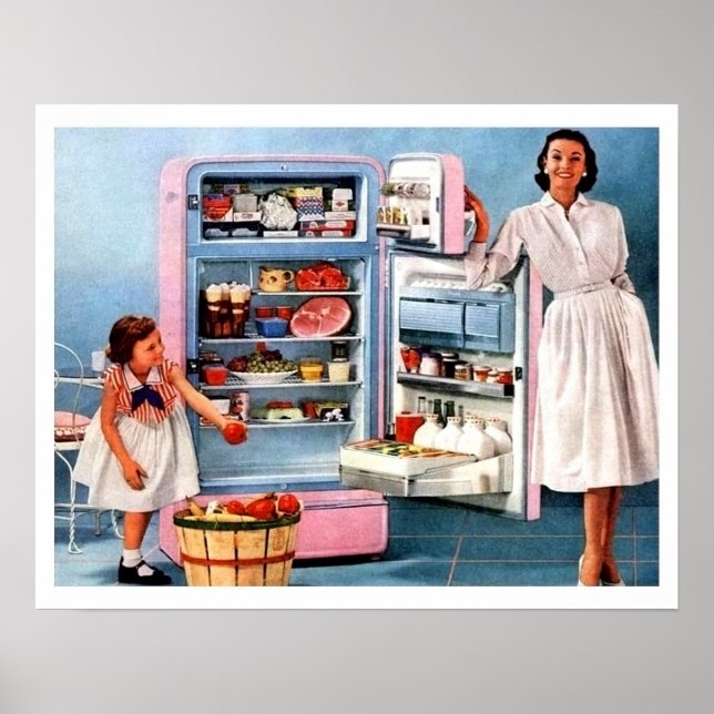 Affiche Mère et fille à côté d'un réfrigérateur plein et d (Devant)