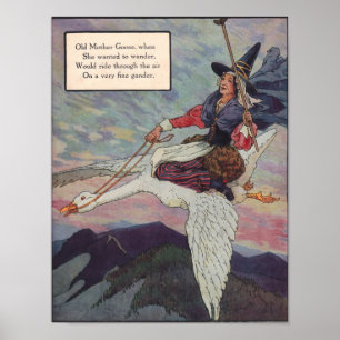 Affiche Mère l'Oye des années 1920 chevauchant son oie géa