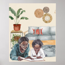 Mère noire et fille lisant ensemble Wall Art