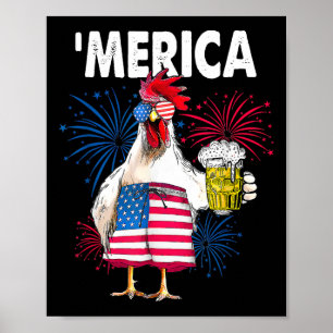Affiche Merica Drôle Drôle Poulet Avec Bière Drapeau Améri