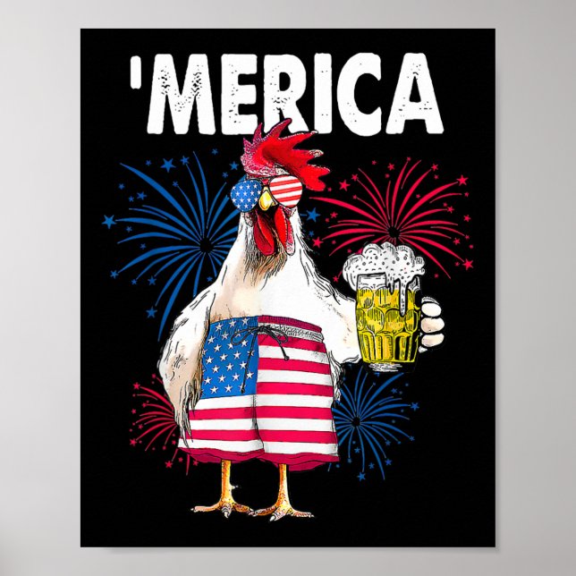 Affiche Merica Drôle Drôle Poulet Avec Bière Drapeau Améri (Devant)