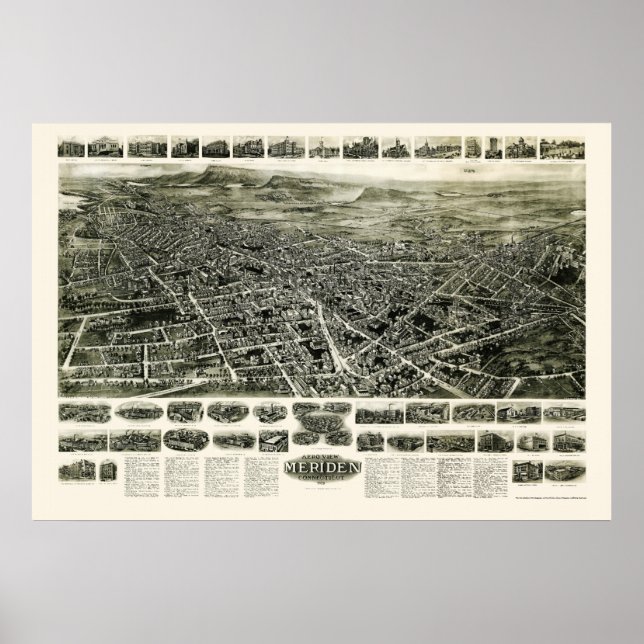 Affiche Meriden, CT Carte panoramique - 1918 (Devant)