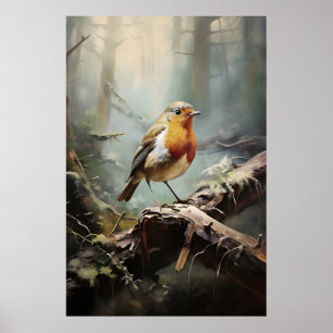 Affiche Merle dans l'imprimé mural de la forêt, oiseau rus