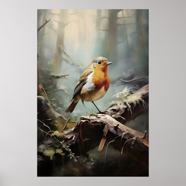Affiche Merle dans l'imprimé mural de la forêt, oiseau rus (Devant)
