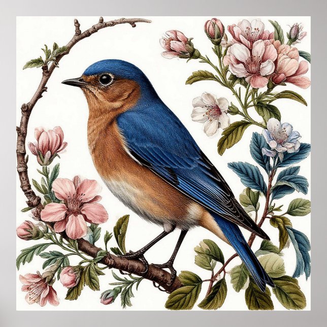Affiche Merlebleu perché parmi les fleurs épanouies (Devant)