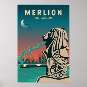 Affiche Merlion Singapour Voyage Art Vintage