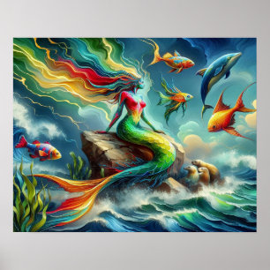 Affiche Mermaid assis sur le rocher entouré de Whimsical 1