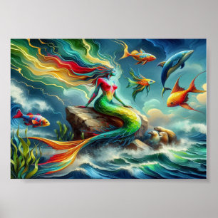 Affiche Mermaid assis sur un rocher entouré de Whimsical 7