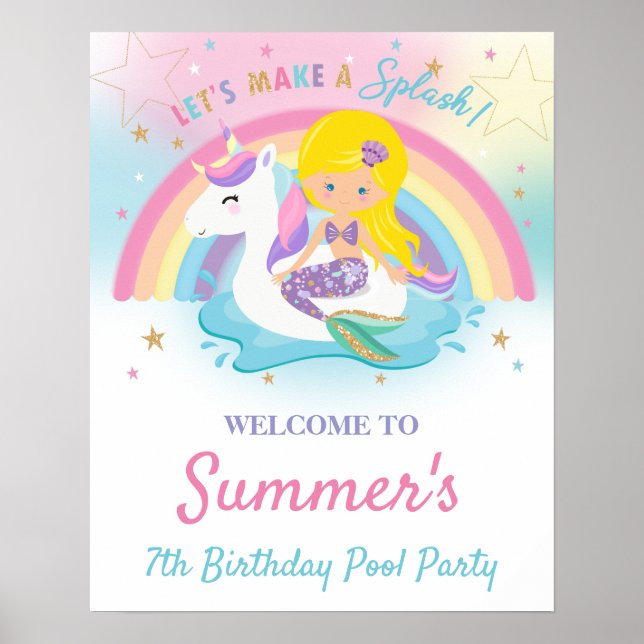Affiche Mermaid et Unicorn Pool Anniversaire fête Bienvenu (Devant)