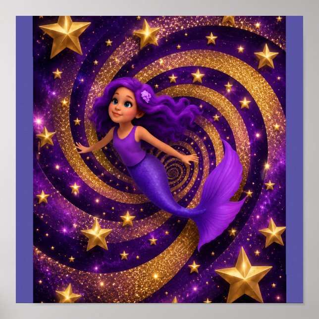 Affiche Mermaid Étoile Dorée Violette Illusion d'Optique | (Devant)