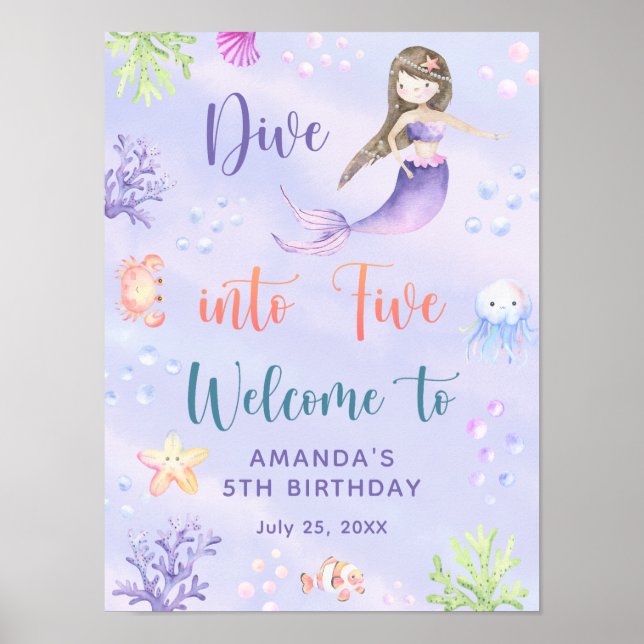 Affiche Mermaid Girl Dive in Five Birthday Party Welcome (Devant)