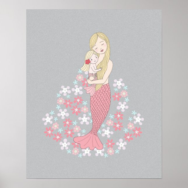Affiche Mermaid Mom and Baby Girl Blonde mermaid Floral (Devant)