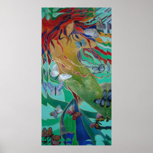 Affiche Mermaid Nage avec Papillons Imaginaire Art