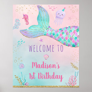 Affiche Mermaid Pink Gold Under the Sea Anniversaire Bienv
