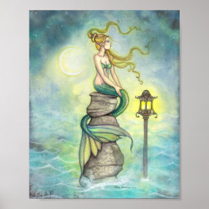 Affiche Mermaid with Moon and Lantern Fantasy Art