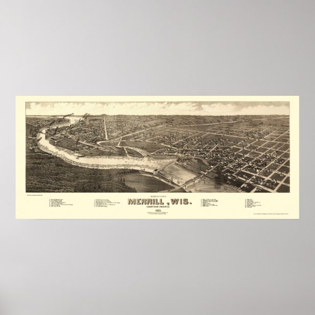 Affiche Merrill, WI Carte panoramique - 1883 (Devant)