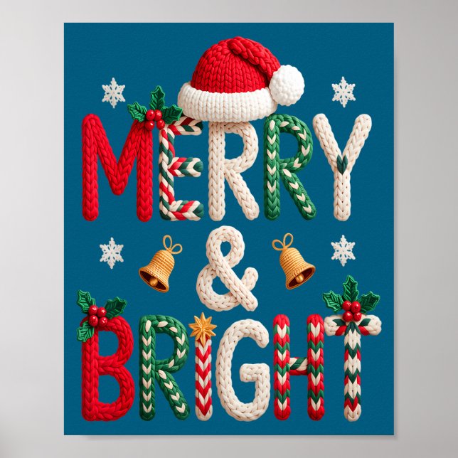 Affiche Merry &amp; Bright Christmas Santa Hat Crochet Kni (Devant)