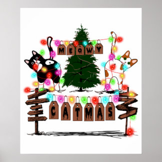Affiche MERRY CATMAS, Beau cadeau de Noël de chat, Chat X-