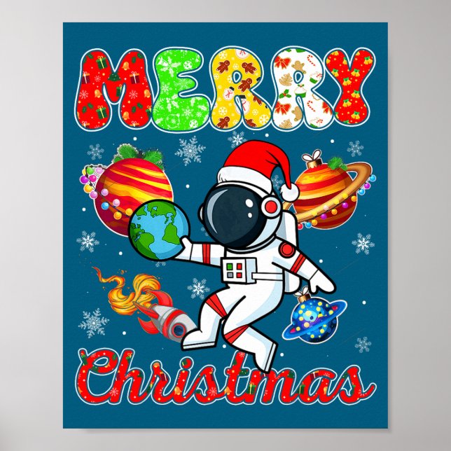 Affiche Merry Christmas Astronaut Santa Hat Snowflakes Tre (Devant)