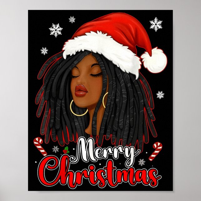 Affiche Merry Christmas Black African Girl Santa Hat Xmas  (Devant)