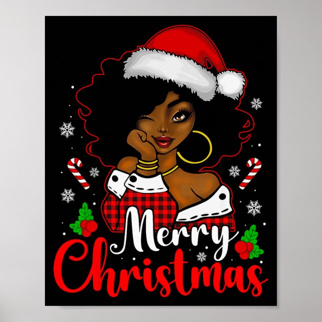 Affiche Merry Christmas Black African Girl Santa Hat Xmas  (Devant)