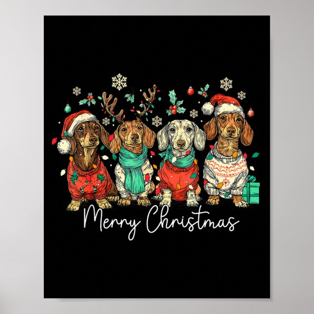Affiche Merry Christmas Dachshund Santa Dog Xmas Lights Ho (Devant)