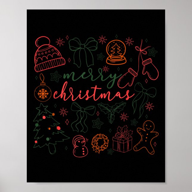 Affiche Merry Christmas Doodle Xmas Tree Gingerbread Men W (Devant)