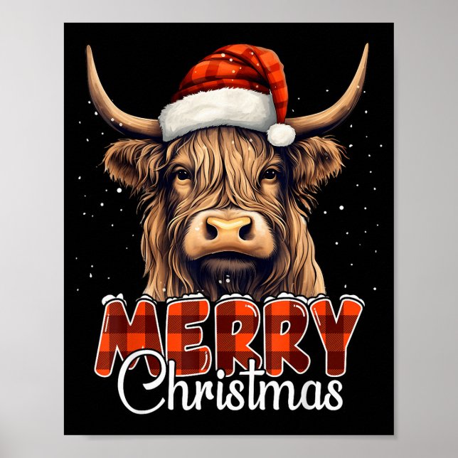 Affiche Merry Christmas Highland Cow Western Santa Hat Xma (Devant)