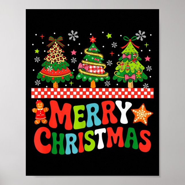 Affiche Merry Christmas Leopard Colorful Xmas Trees Bow Ti (Devant)