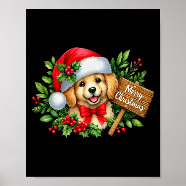 Affiche Merry Christmas Puppy Santa Hat Holly Sign Premium (Devant)