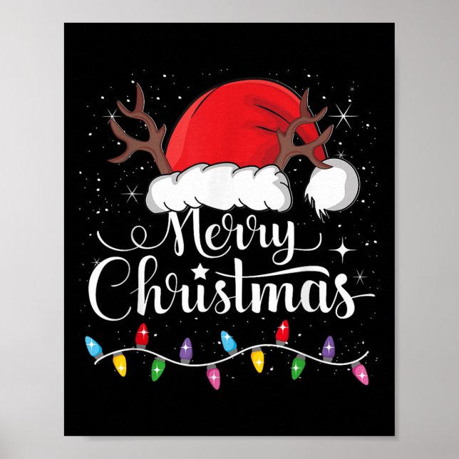 Affiche Merry Christmas Red Santa Hat Reindeer Xmas Family (Devant)