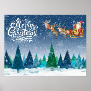 Affiche Merry Christmas Snow Forest and Santa in Sleigh