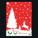 Affiche Merry Christmas Winter Snowflakes<br><div class="desc">Merry Christmas Winter Snowflakes Red And White Merry Christmas Artwork Depicting A Red Background With White Stars With Christmas Trees And A Prancing Deer On Snow Covered Ground.  Accented With Holly And The Words Merry Christmas.</div>