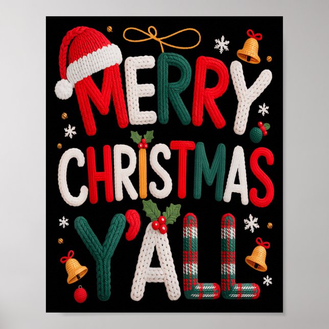 Affiche Merry Christmas Y'all Santa Hat Crochet Knitting Q (Devant)