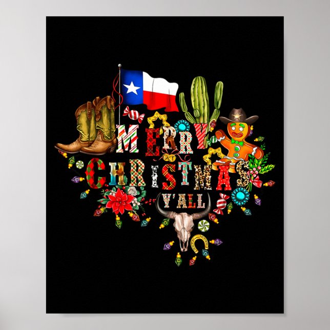 Affiche Merry Christmas Y'all Texas Map Santa Hat Mens Wom (Devant)