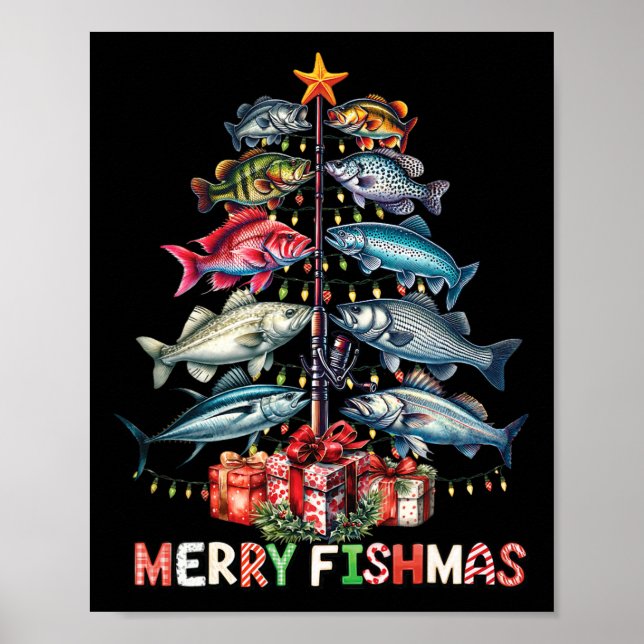 Affiche Merry Fishmas Funky Christmas Tree Lights Pêche (Devant)