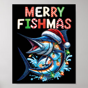 Affiche Merry Fishmas Père Noël Pêcheurs amoureux Drôle Pê