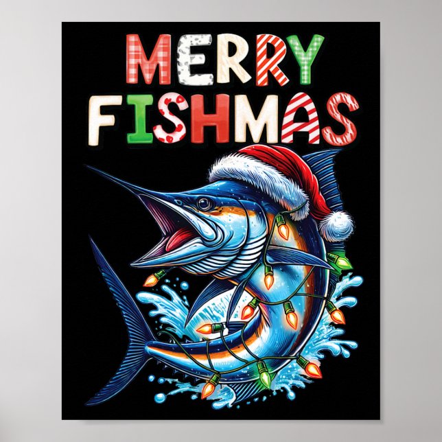 Affiche Merry Fishmas Père Noël Pêcheurs amoureux Drôle Pê (Devant)