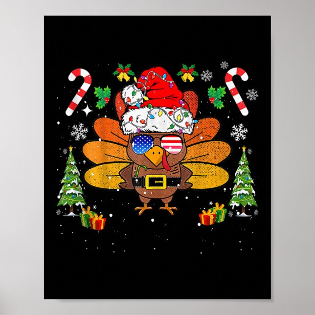 Affiche Merry Thanksmas Happy Thanksgiving Santa Turkey Xm (Devant)