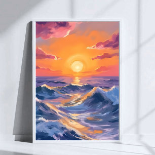 Affiche Mers Rocheuses Vagues Océaniques Peinture Aquarell